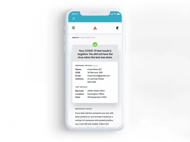 Smartphone screen with test results