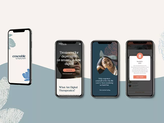 Smartphones showing various screens from Ensemble