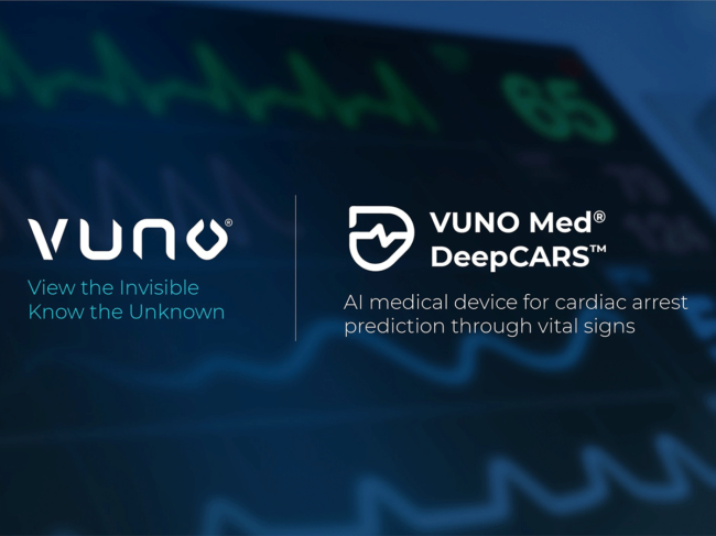 Vuno, Vuno Med Deepcars logos overlaying heart monitor data