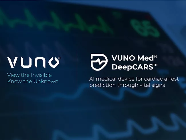 Vuno, Vuno Med Deepcars logos overlaying heart monitor data