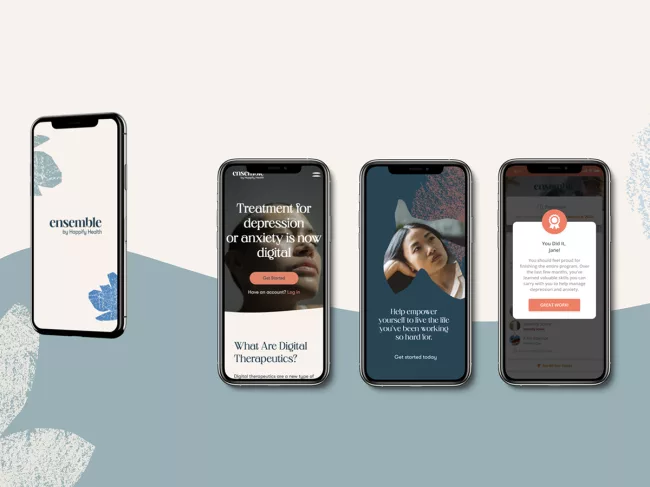 Smartphones showing various screens from Ensemble