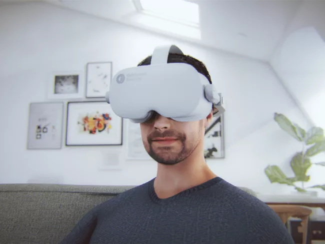 Man wearing Ophthalmic Sciences' VR headset