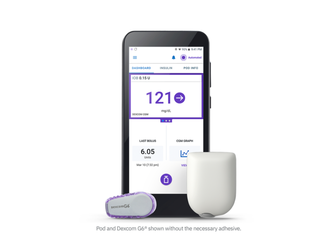 Omnipod 5, Dexcom G6 devices with mobile app on smartphone
