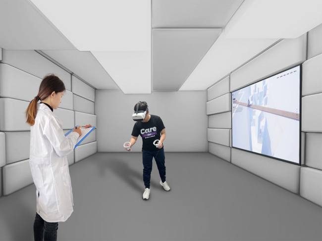 Psychotherapist evaluates patient using VR therapy for acrophobia