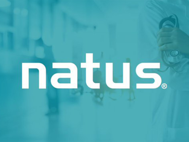Natus logo, teal background overlaying medical concept image