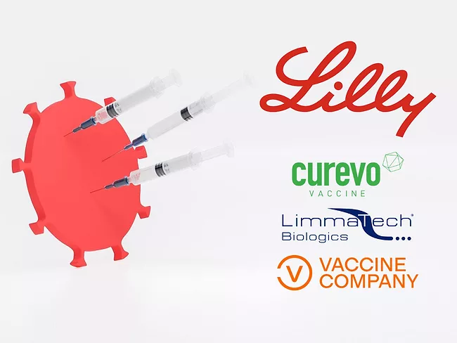 Syringes in virus cell; Lilly, Curevo, Limmatech, Vaccine Company   logos