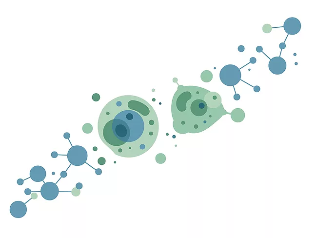 Abstract illustration depicting interconnected blue molecular structures and green cellular forms