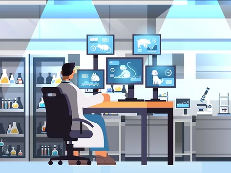 Illustration of researcher looking at computer monitors showing mouse, pig, rabbit, monkey and dog