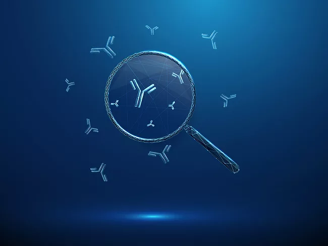 Illustration of magnifying glass and antibodies