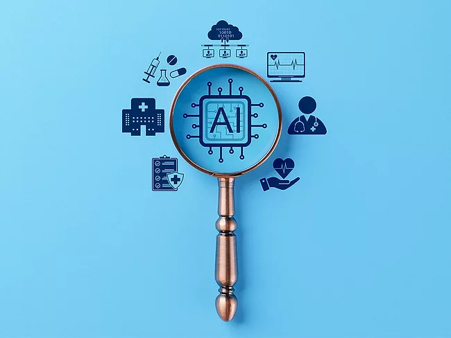 Magnifying glass over AI icon surrounded by health care and medicine icons