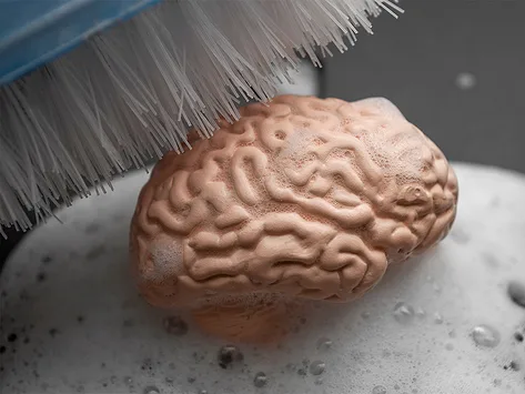 Brush scrubbing brain figurine with soap