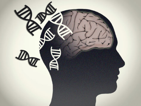 Silhouette of head and brain with DNA double helixes
