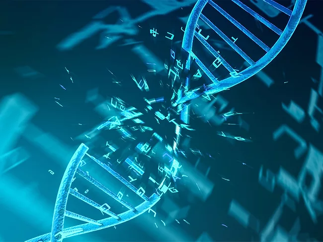 Illustration of DNA double helix, DNA damage with TCGA letters flying around