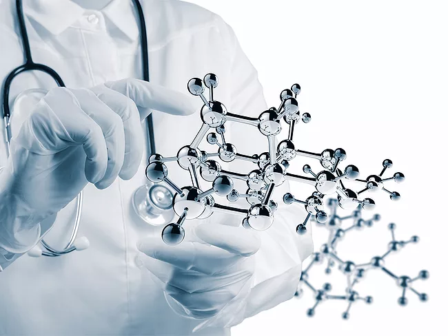 Doctor hand touching virtual molecular structure