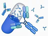 3D rendering of a drug capsule and flying antibodies