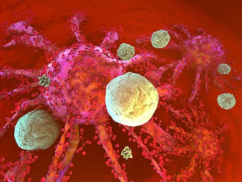 Illustration of T cells attacking cancer