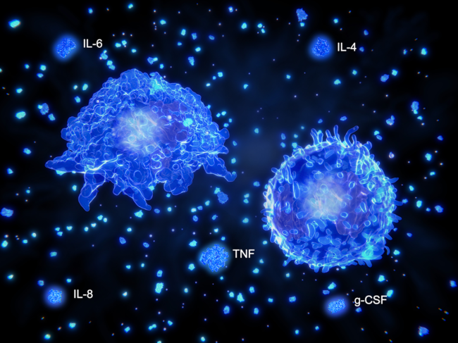 Illustration of cytokine storm (IL-6, IL-8, IL-4, TNF, g-CSF), macrophage and T cell.
