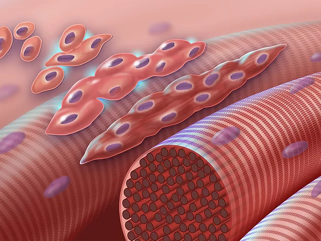 Illustration of muscle cells undergoing myogenesis.