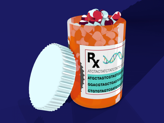 Illustration of prescription pill bottle with DNA on the label.