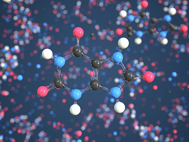 3D chemical structure of uric acid.