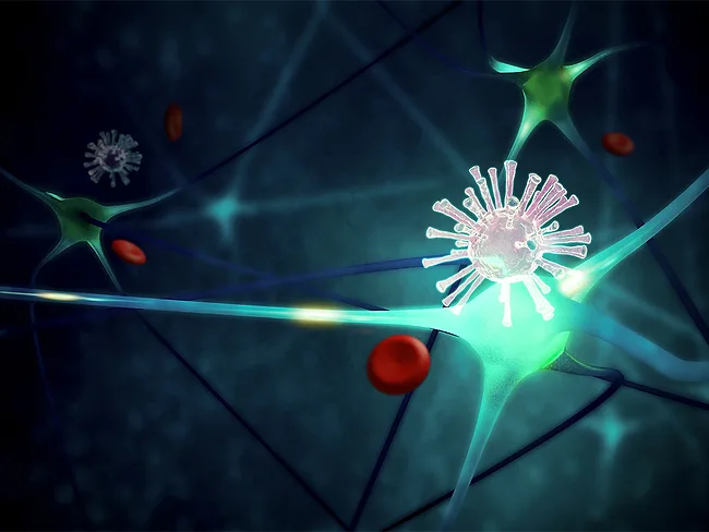 Illustration of virus attacking neuron