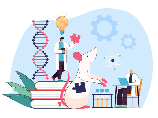 Illustration of scientists conducting research on a mouse to find the missing puzzle piece