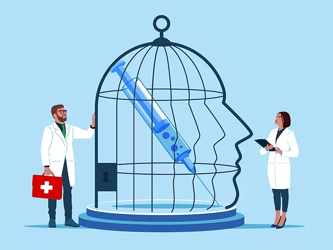 Illustration of syringe inside birdcage shaped like a human head