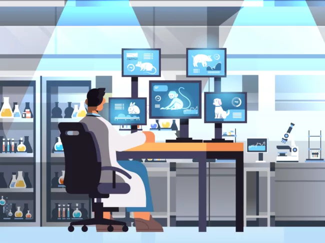 Illustration of researcher looking at computer monitors showing mouse, pig, rabbit, monkey and dog