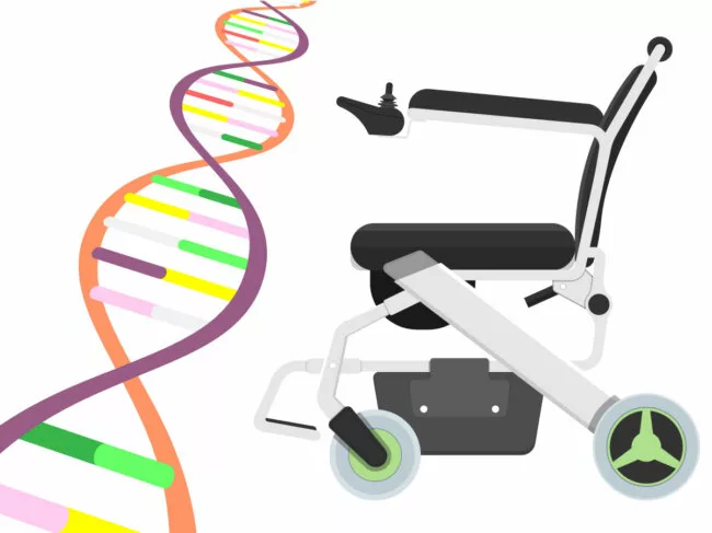 Illustration of DNA double helix and motorized wheel chair