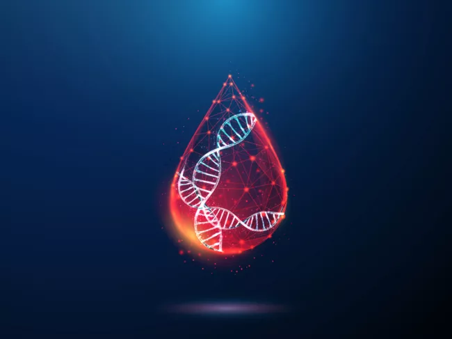 Illustration of DNA double helixes inside drop of blood