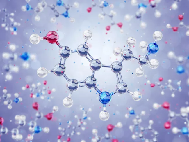 3D rendering of serotonin molecular structure