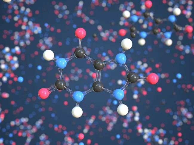 3D chemical structure of uric acid.
