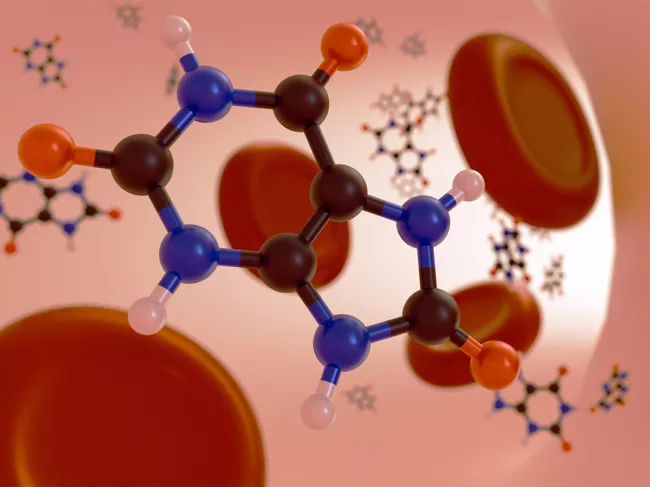 3D rendering of uric acid molecules in the bloodstream