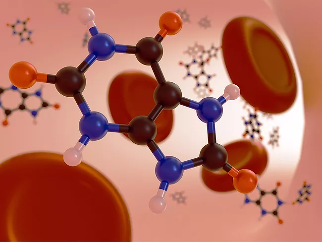 3D rendering of uric acid molecules in the bloodstream