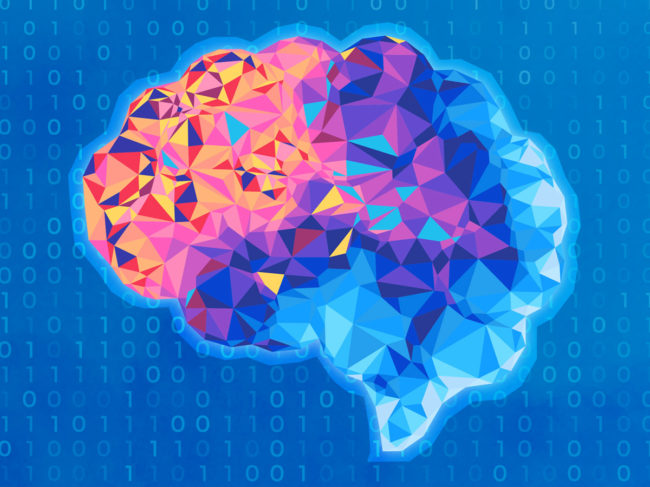 Colorful brain illustration with binary number background