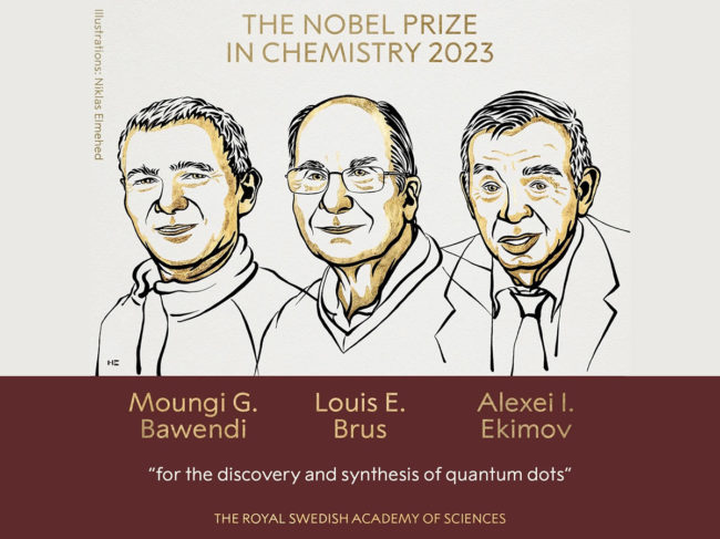 Nobel Prize graphic with illustrations of Moungi Bawendi, Louis Brus and Alexei Ekimov