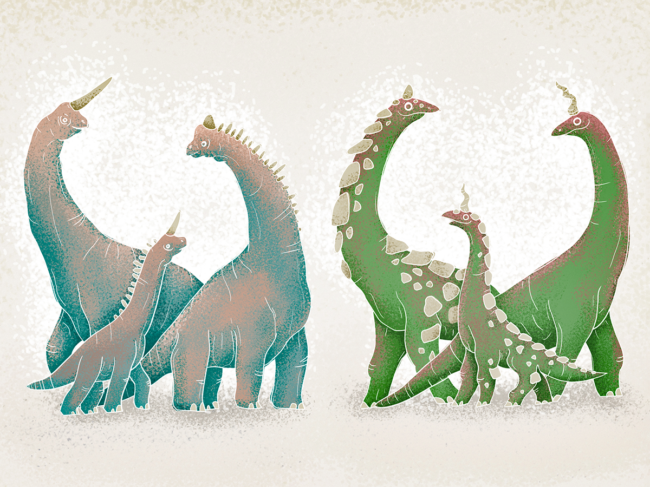 Illustration of dinosaurs with various combinations of horns and spiky backs.