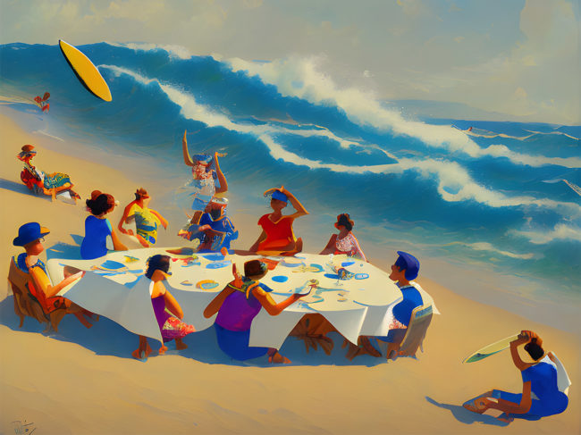 AI-generated art of people at a dining table on the beach