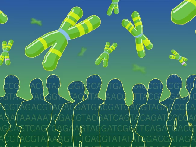 Illustration of group of people with chromosomes floating above