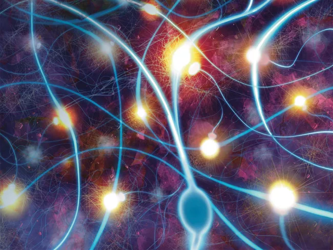 Artwork depicts KIBRA-dependent recovery of functional plasticity at synapses despite tau-induced toxicity in the brain.