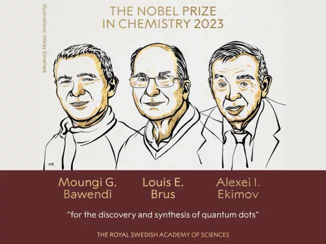 Nobel Prize graphic with illustrations of Moungi Bawendi, Louis Brus and Alexei Ekimov