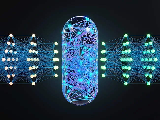 Glowing neural network inside a transparent capsule surrounded by a large language model