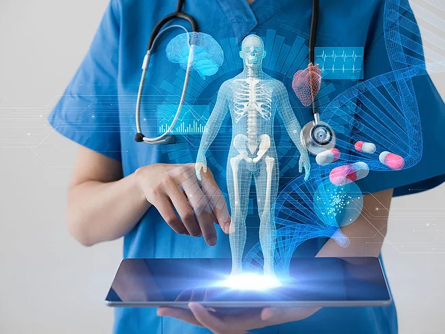 Doctor, tablet and medical holograms