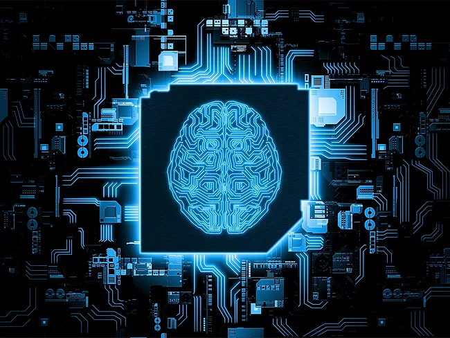 Illustration of a computer chip with a brain on it