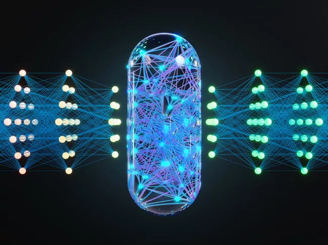 Glowing neural network inside a transparent capsule surrounded by a large language model