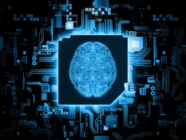 Illustration of a computer chip with a brain on it