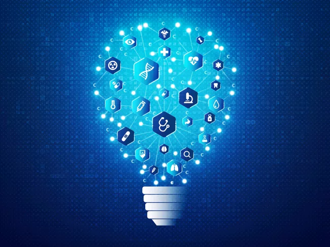 Illustration of a light bulb made up of medical research icons