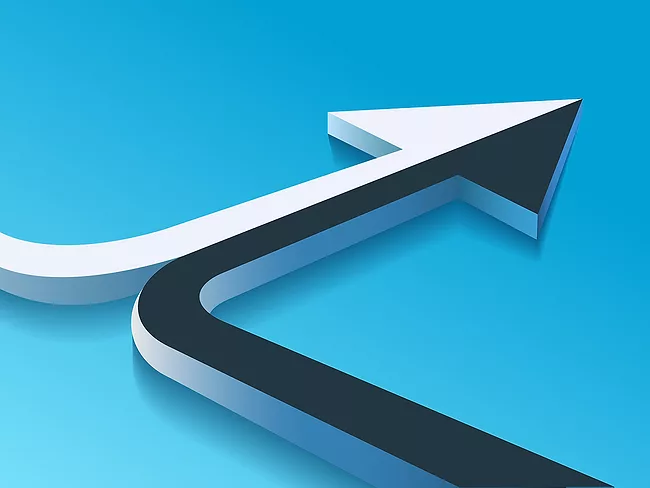 Black and white arrows merging on blue background