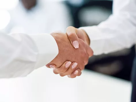 Businessman businesswoman handshake