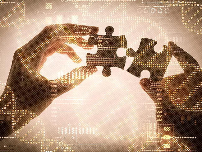 Illustration of hands holding puzzle pieces with DNA overlay